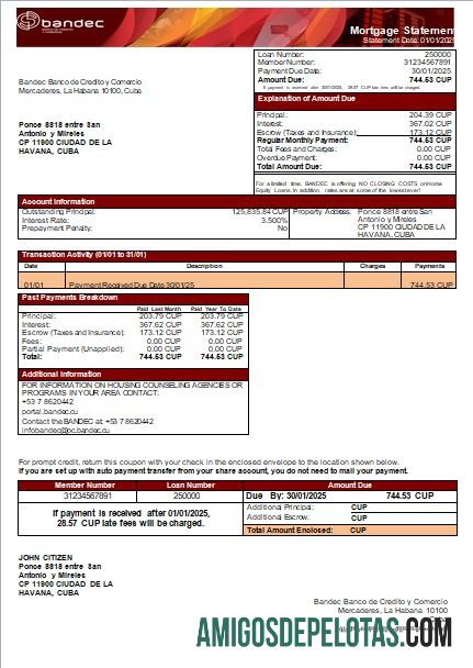 Declaração de hipoteca do banco BANDEC de Cuba Scr baixar para verificação